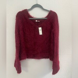 NWT Anthropologie Moth Red Fluffy Belled V-neck eyelash Sweater